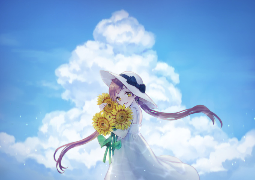 1girl asahi_yuuji backlighting bare_shoulders black_ribbon blue_sky bow brown_hair caustics clouds cloudy_sky commentary dress flower from_side hat hat_bow hat_ribbon head_tilt highres holding holding_flower large_hat leaf light_blush light_particles long_hair looking_at_viewer object_hug open_mouth original outdoors purple_hair ribbon sky smile solo spaghetti_strap sun_hat sundress sunflower symbol_commentary turning_head twintails upper_body white_dress white_headwear yellow_eyes