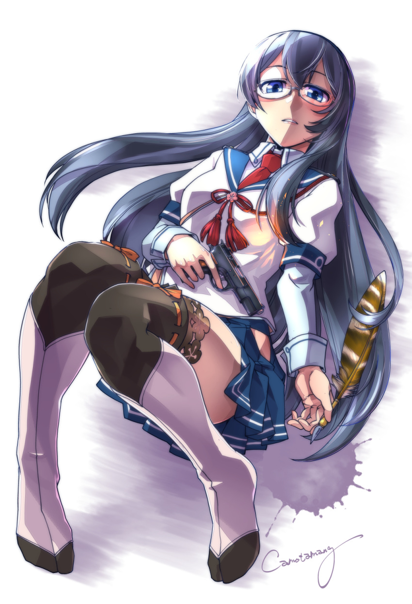 1girl black_hair blue_eyes browning_hi-power commentary_request glasses gun hairband handgun high_heels highres hip_vent kamotama kantai_collection lace lace-trimmed_legwear legs long_hair looking_at_viewer necktie ooyodo_(kantai_collection) pistol quill ribbon school_uniform semi-rimless_eyewear serafuku simple_background skirt solo thigh-highs under-rim_eyewear weapon