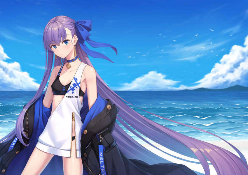 1girl alternate_costume bangs beach blue_eyes blue_ribbon blue_sky blush breasts fate/extra fate/extra_ccc fate_(series) hair_ribbon highres hoodier long_hair long_sleeves looking_at_viewer meltryllis_(fate) ocean purple_hair ribbon sky small_breasts very_long_hair