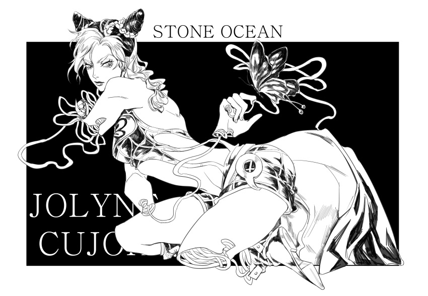 1girl absurdres bug butterfly character_name detached_hand double_bun highres insect jakual jojo_no_kimyou_na_bouken kuujou_jolyne monochrome multicolored_hair solo stone_ocean string two-tone_hair