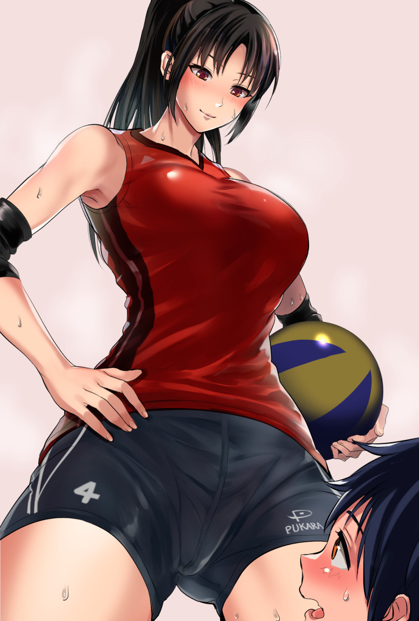 1boy 1girl age_difference armpits bare_shoulders black_hair blush breasts brown_eyes closed_mouth commentary_request embarrassed hand_on_hip height_difference highres large_breasts long_hair looking_at_another looking_down looking_up nose_blush original ponytail puca-rasu shorts smile sportswear sweat volleyball volleyball_uniform