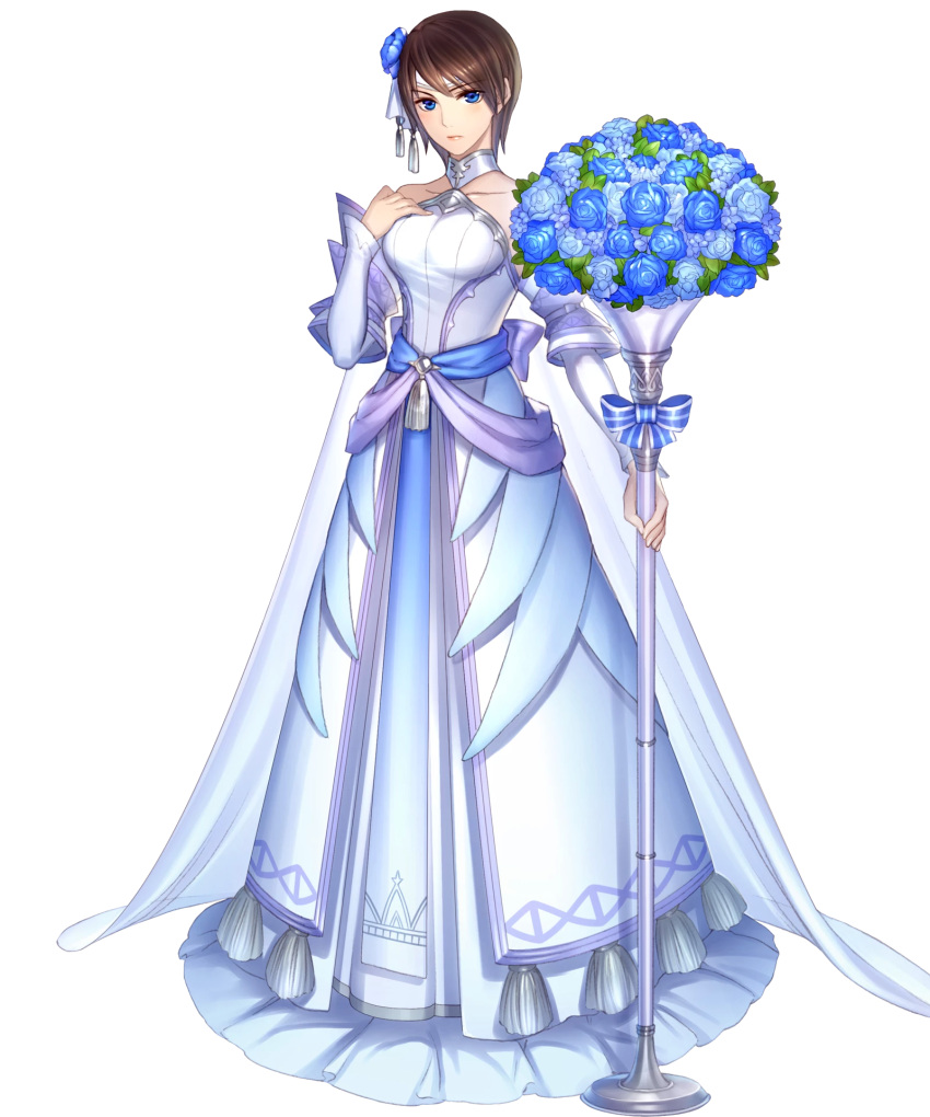 1girl artist_request bangs bare_shoulders blue_eyes breasts bride brown_hair closed_mouth collarbone dress fire_emblem fire_emblem:_souen_no_kiseki fire_emblem_heroes flower full_body hair_ornament halterneck hand_on_own_chest hand_up highres holding lips looking_at_viewer medium_breasts official_art shiny shiny_hair short_hair solo standing tanith transparent_background wedding_dress white_dress