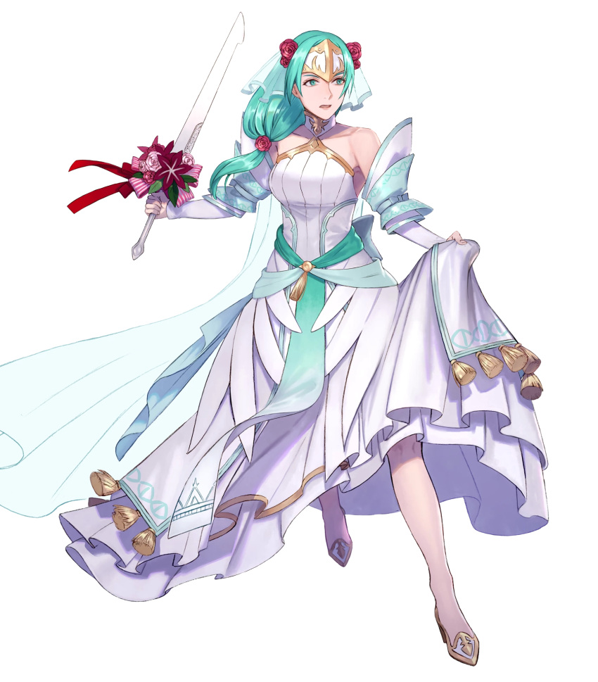 1girl aqua_eyes aqua_hair bare_shoulders bridal_veil bride collarbone dress feather_trim fire_emblem fire_emblem:_souen_no_kiseki fire_emblem_heroes flower full_body hair_ornament headpiece high_heels highres holding holding_sword holding_weapon long_hair looking_away official_art open_mouth pikomaro shiny shiny_hair sigrun skirt_hold solo sword transparent_background veil weapon wedding_dress white_dress
