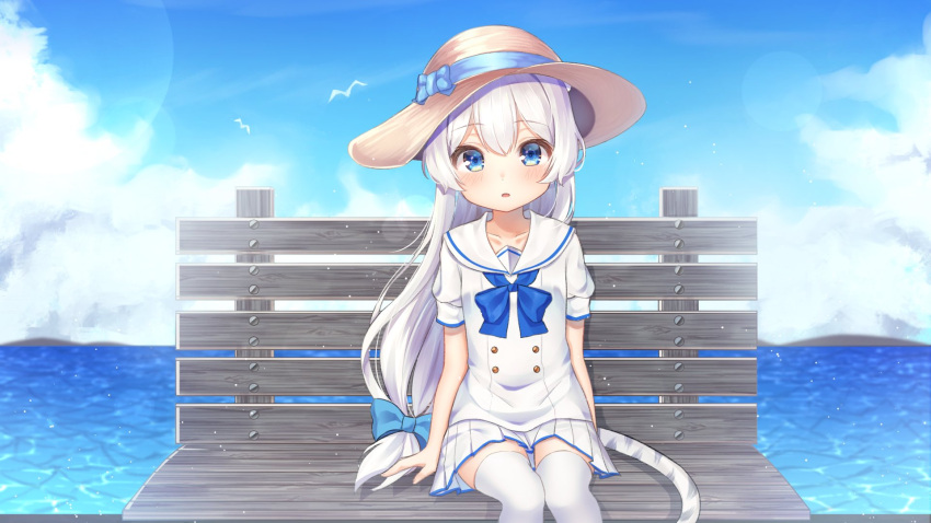 1girl blue_bow blue_sky blurry blurry_background blush bow brown_headwear clouds cloudy_sky collarbone commentary_request day depth_of_field hair_bow hat hat_bow highres hinaki_(hinaki_0102) horizon long_hair looking_at_viewer low-tied_long_hair ocean original outdoors parted_lips pleated_skirt puffy_short_sleeves puffy_sleeves sailor_collar shirt short_sleeves silver_hair sitting skirt sky solo striped_tail sun_hat tail thigh-highs tiger_tail water white_legwear white_sailor_collar white_shirt white_skirt