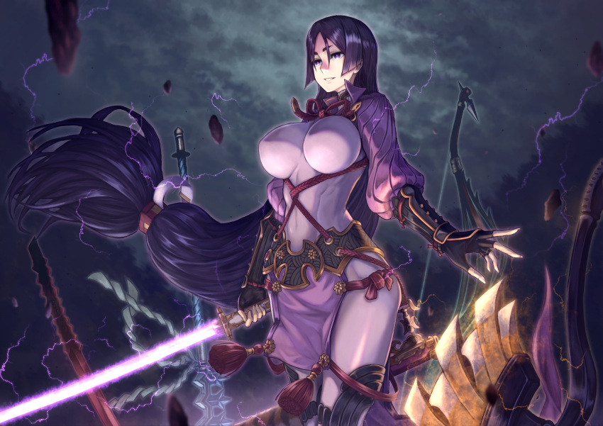 1girl absurdres armor axe bangs black_gloves bodysuit bow_(weapon) breasts covered_navel fate/grand_order fate_(series) fingerless_gloves gloves glowing glowing_sword glowing_weapon highres holding holding_sword holding_weapon japanese_armor kote large_breasts long_hair low-tied_long_hair minamoto_no_raikou_(fate/grand_order) parted_bangs purple_bodysuit purple_hair ribbed_sleeves rope solo standing suneate sword tabard very_long_hair violet_eyes weapon yasu_(segawahiroyasu)