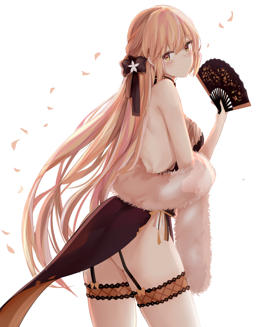 1girl alternate_costume alternate_hairstyle bangs bare_shoulders black_dress blonde_hair blush braid breasts china_dress chinese_clothes closed_mouth commentary_request cowboy_shot dress eyebrows_visible_through_hair fan feather_boa folding_fan from_side garter_straps girls_frontline hair_ribbon highres holding holding_fan long_hair looking_at_viewer ots-14_(girls_frontline) pelvic_curtain petals ribbon ru_zhai simple_background smile solo very_long_hair white_background yellow_eyes