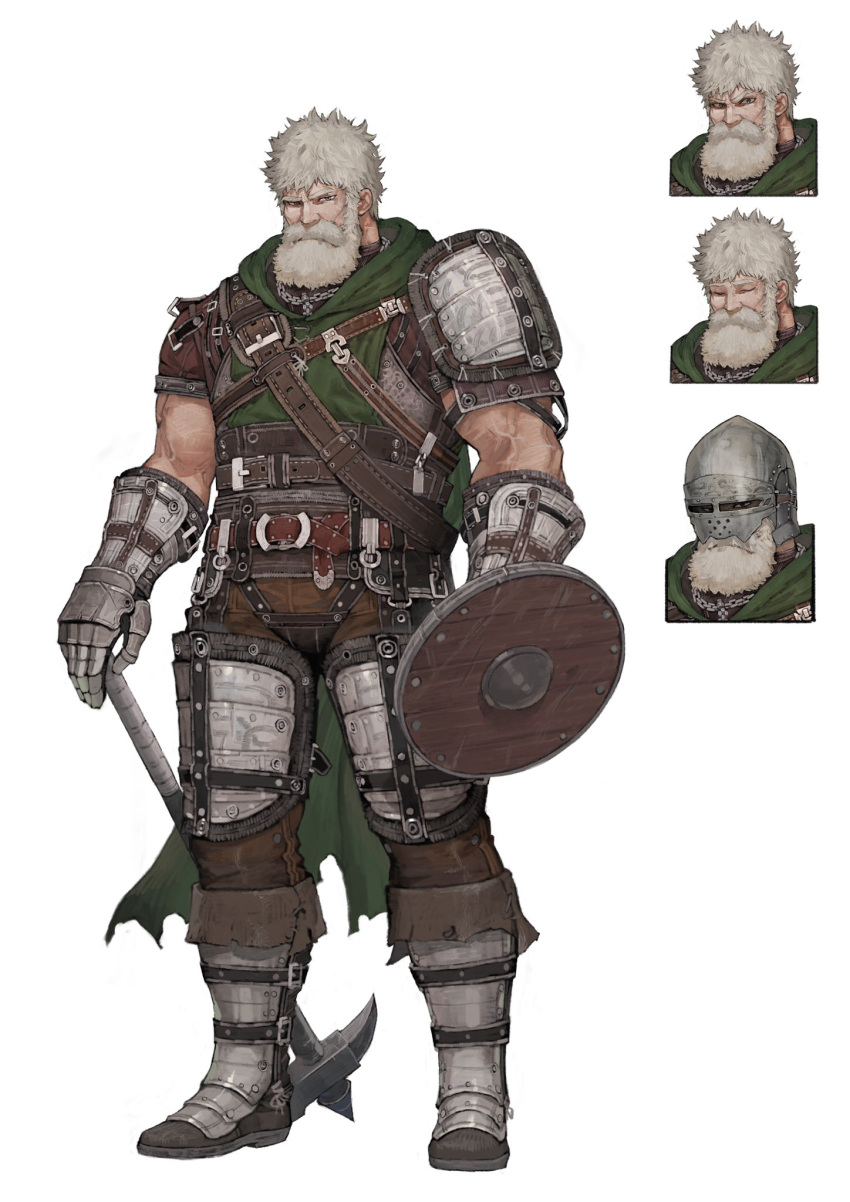 1boy angry armored_boots beard belt blonde_hair boots buckler cape character_sheet closed_eyes commentary facial_hair full_body gauntlets gloves hand_on_hilt helmet highres jewelry jun_(seojh1029) looking_at_viewer multiple_views muscle necklace original raised_eyebrow shield short_sleeves shoulder_armor torn_cape torn_clothes war_hammer weapon white_background