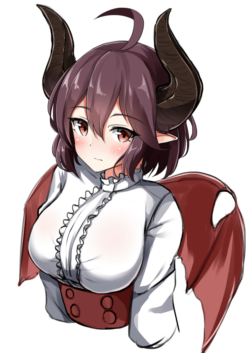 1girl absurdres ahoge bangs blush breasts brown_eyes brown_hair brown_wings center_frills closed_mouth cropped_torso dragon_girl dragon_horns dragon_wings eyebrows_visible_through_hair frills grea_(shingeki_no_bahamut) hair_between_eyes highres horns long_sleeves looking_at_viewer manaria_friends medium_breasts moyoron pointy_ears shingeki_no_bahamut shirt simple_background solo upper_body white_background white_shirt wings