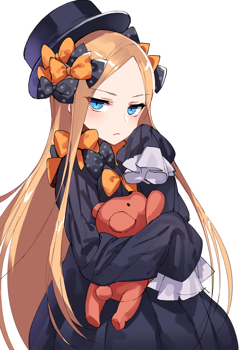 abigail_williams_(fate/grand_order) bangs black_bow black_dress black_headwear blonde_hair blue_eyes bow closed_mouth commentary_request dress fate/grand_order fate_(series) forehead highres holding holding_stuffed_animal long_hair ndgd orange_bow parted_bangs polka_dot polka_dot_bow ribbed_dress sleeves_past_fingers sleeves_past_wrists stuffed_animal stuffed_toy teddy_bear