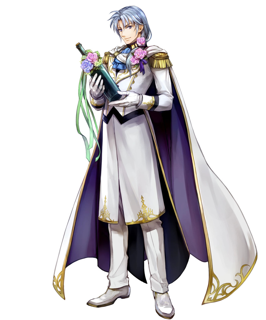 1boy alternate_costume bottle bow cape epaulettes fire_emblem fire_emblem:_rekka_no_ken fire_emblem_heroes flower full_body gloves grey_hair highres long_hair low_ponytail male_focus official_art pent rose transparent_background violet_eyes wada_sachiko