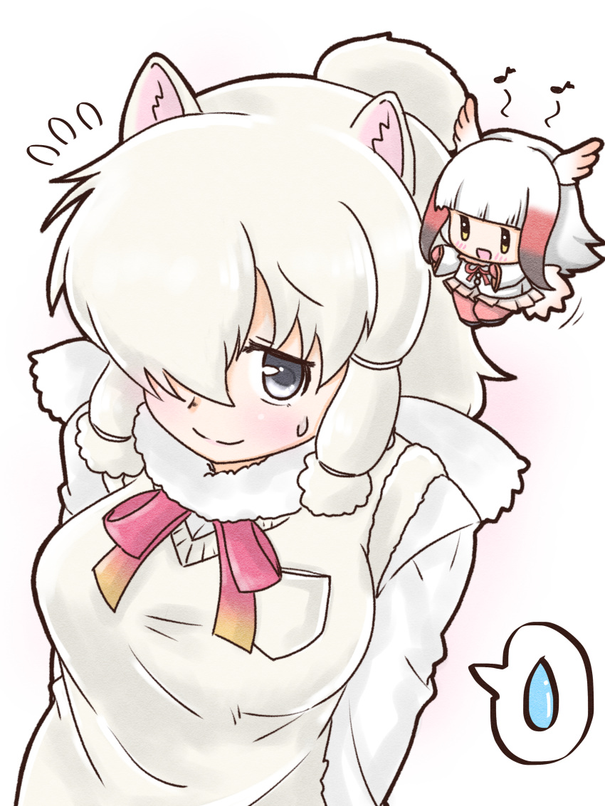 2girls :d absurdres alpaca_ears alpaca_suri_(kemono_friends) animal_ears arms_behind_back bangs bird_tail bird_wings blonde_hair blunt_bangs blush breast_pocket chibi closed_mouth commentary_request eighth_note eyebrows_visible_through_hair floating flying_sweatdrops fur_scarf furrowed_eyebrows gloves grey_eyes hair_bun hair_over_one_eye head_wings highres horizontal_pupils huge_filesize japanese_crested_ibis_(kemono_friends) kemono_friends long_sleeves looking_at_viewer medium_hair minigirl multicolored_hair multiple_girls musical_note neck_ribbon nervous ngetyan open_mouth platinum_blonde_hair pocket red_gloves red_legwear redhead ribbon scarf shirt size_difference skirt smile spoken_sweatdrop sweatdrop sweater_vest white_hair wings yellow_eyes