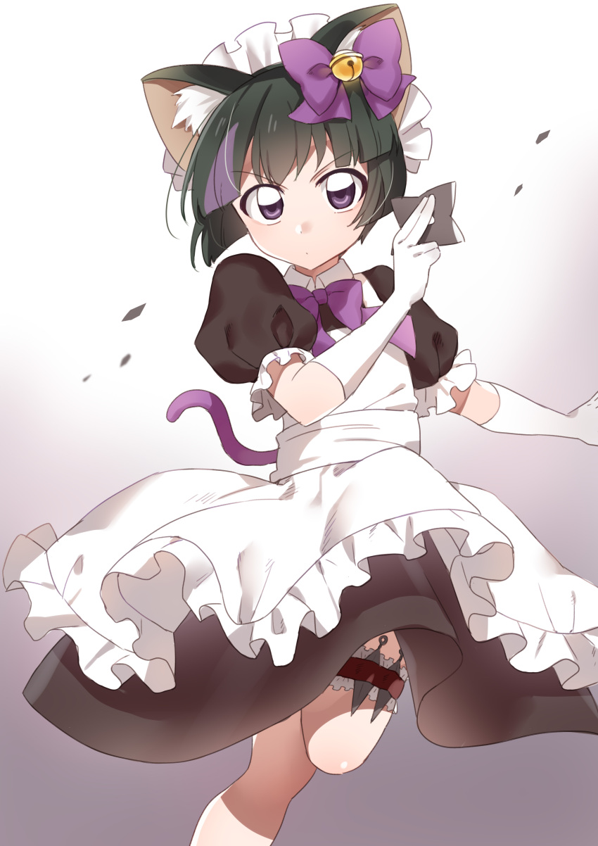 1boy absurdres alternate_costume alternate_hair_length alternate_hairstyle animal_ears apron bangs black_dress black_hair blush bob_cut cat_ears cat_tail catboy crossdressinging dress enmaided eyebrows_visible_through_hair garters gloves highres looking_at_viewer maid maid_apron maid_headdress male_focus multicolored_hair otoko_no_ko puffy_short_sleeves puffy_sleeves purple_hair rayuse sai_(weapon) shinkansen_henkei_robo_shinkalion short_sleeves shuriken simple_background solo tail tsukiyama_shinobu two-tone_hair violet_eyes white_apron white_background white_gloves