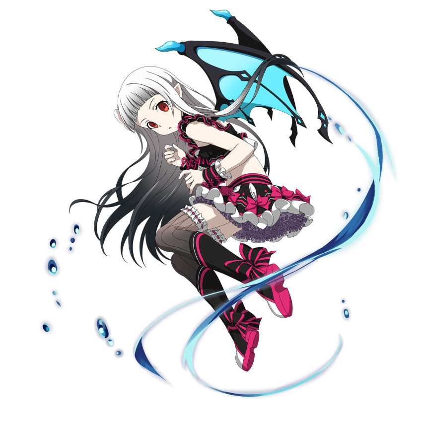 1girl alternate_color alternate_costume alternate_eye_color alternate_hair_color bangs black_footwear blue_wings blunt_bangs boots bow crop_top demon_wings floating_hair from_side full_body garters grey_legwear hair_ornament highres layered_skirt long_hair looking_at_viewer midriff miniskirt official_art open_mouth pink_ribbon pointy_ears red_bow red_eyes ribbon silver_hair skirt sleeveless solo striped striped_bow striped_legwear sword_art_online thigh-highs transparent_background vertical-striped_legwear vertical_stripes very_long_hair wings wrist_cuffs yui_(sao) yui_(sao-alo)