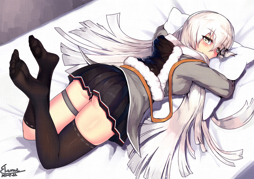 1girl artist_name asymmetrical_legwear bangs black_skirt blush commentary_request dated eyebrows_visible_through_hair feet feet_up fingerless_gloves girls_frontline gloves grey_jacket hair_between_eyes hair_ornament hairclip highres jacket kneehighs leonat long_hair looking_at_viewer looking_back lying no_shoes on_bed on_stomach pillow pillow_hug pleated_skirt ribbon sidelocks signature silver_hair single_kneehigh single_thighhigh skindentation skirt smile solo sparkle svd_(girls_frontline) thigh-highs thigh_strap thighs toes twintails very_long_hair