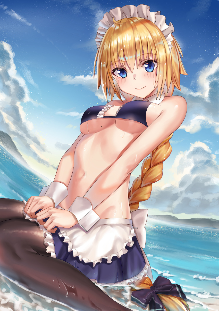 1girl absurdres apron bare_arms bare_shoulders blonde_hair blue_bikini_top blue_bow blue_eyes blue_skirt blue_sky bow braid breasts brown_legwear closed_mouth clouds cloudy_sky commentary day detached_collar fate/grand_order fate_(series) fisheye frilled_skirt frills hair_bow highres jeanne_d'arc_(fate) jeanne_d'arc_(fate)_(all) long_hair looking_at_viewer maid_apron maid_bikini maid_headdress medium_breasts miniskirt navel outdoors pantyhose single_braid sitting skirt sky smile solo stomach user_yjmv4437 very_long_hair waist_apron wariza water wet wrist_cuffs