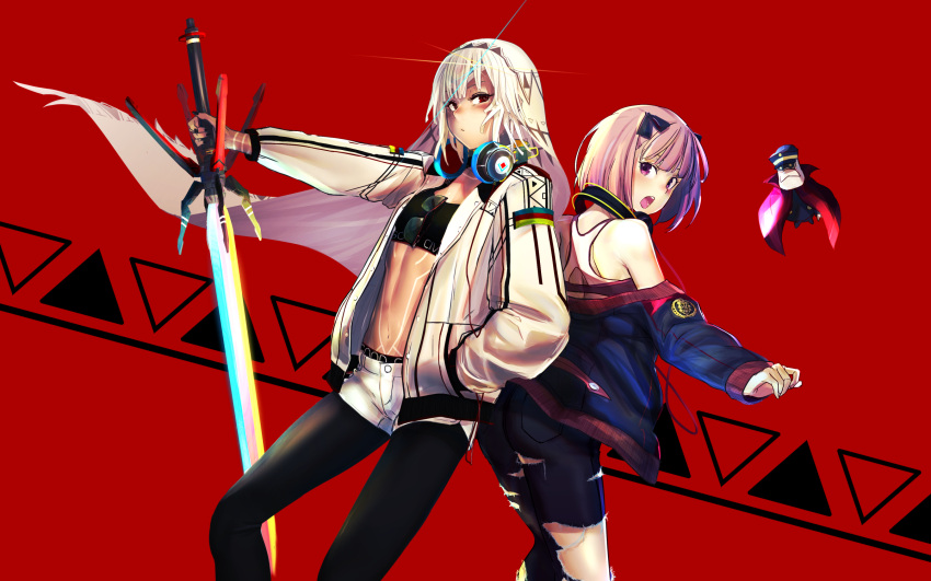 2girls altera_(fate) ass back bare_shoulders black_legwear dark_skin fate/grand_order fate_(series) floating full_body_tattoo hand_in_pocket headphones headphones_around_neck helena_blavatsky_(fate/grand_order) highres holding holding_sword holding_weapon i-pan jacket looking_at_viewer multiple_girls navel open_mouth purple_hair red_eyes short_hair shorts sword tattoo torn_clothes veil violet_eyes weapon white_hair
