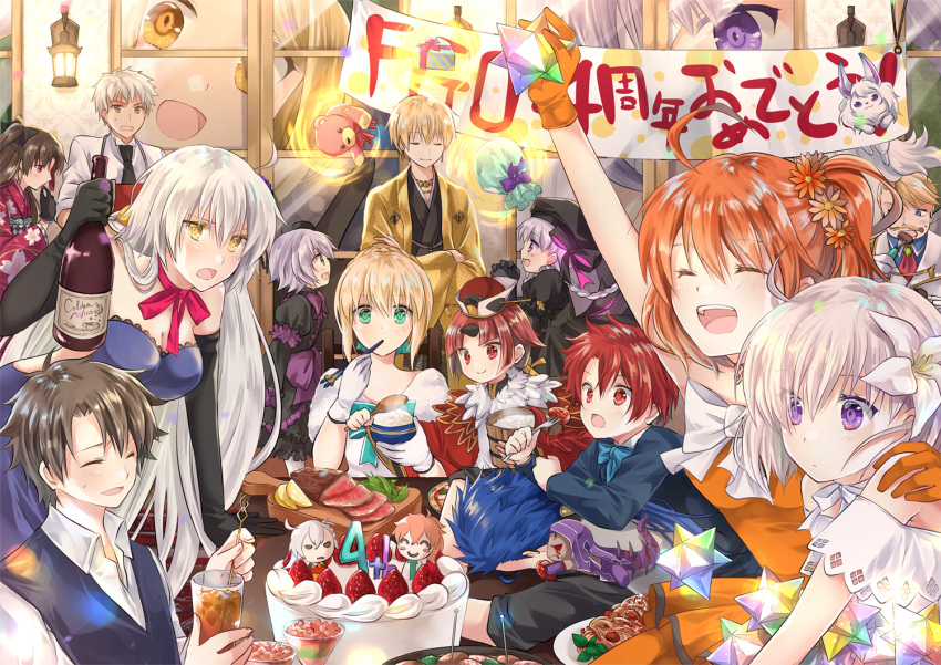 6+boys 6+girls :d ^_^ ahoge alexander_(fate/grand_order) anniversary archer arm_up artoria_pendragon_(all) banner benienma_(fate/grand_order) bird_hat black_dress black_gloves black_hair black_headwear blonde_hair blue_bow blue_dress blue_hair bottle bow bowtie braid braided_bun brown_eyes brown_hair bucket cake chopsticks closed_eyes closed_mouth commentary_request crossed_arms cu_chulainn_alter_(fate/grand_order) cup cutting_board dark_skin dress drinking_glass eating elbow_gloves everyone facial_tattoo fate/apocrypha fate/extra fate/extra_ccc fate/grand_order fate/stay_night fate_(series) flower food fork formal fou_(fate/grand_order) fruit fujimaru_ritsuka_(female) fujimaru_ritsuka_(male) gate_of_babylon giantess gift_bag gilgamesh gloves goldorf_musik hair_flower hair_ornament hand_on_another's_shoulder hands_clasped haori hat hat_bow holding holding_bottle horn indoors iroha_(shiki) ishtar_(fate/grand_order) jack_the_ripper_(fate/apocrypha) japanese_clothes jeanne_d'arc_(alter)_(fate) jeanne_d'arc_(fate)_(all) kimono kingprotea lancer lantern lily_(flower) long_hair looking_at_viewer mash_kyrielight meat mini_cu-chan miniboy multiple_boys multiple_girls noodles nursery_rhyme_(fate/extra) ohitsu olga_marie_animusphere open_mouth orange_dress orange_gloves own_hands_together party paul_bunyan_(fate/grand_order) plate ponytail popped_collar purple_bow purple_hair red_bow red_eyes redhead revision rice_spoon romani_archaman saber saint_quartz side_ponytail smile strawberry stuffed_animal stuffed_toy suit tattoo teddy_bear vest violet_eyes waist_bow white_bow white_gloves white_hair window wine_bottle yellow_eyes yukata