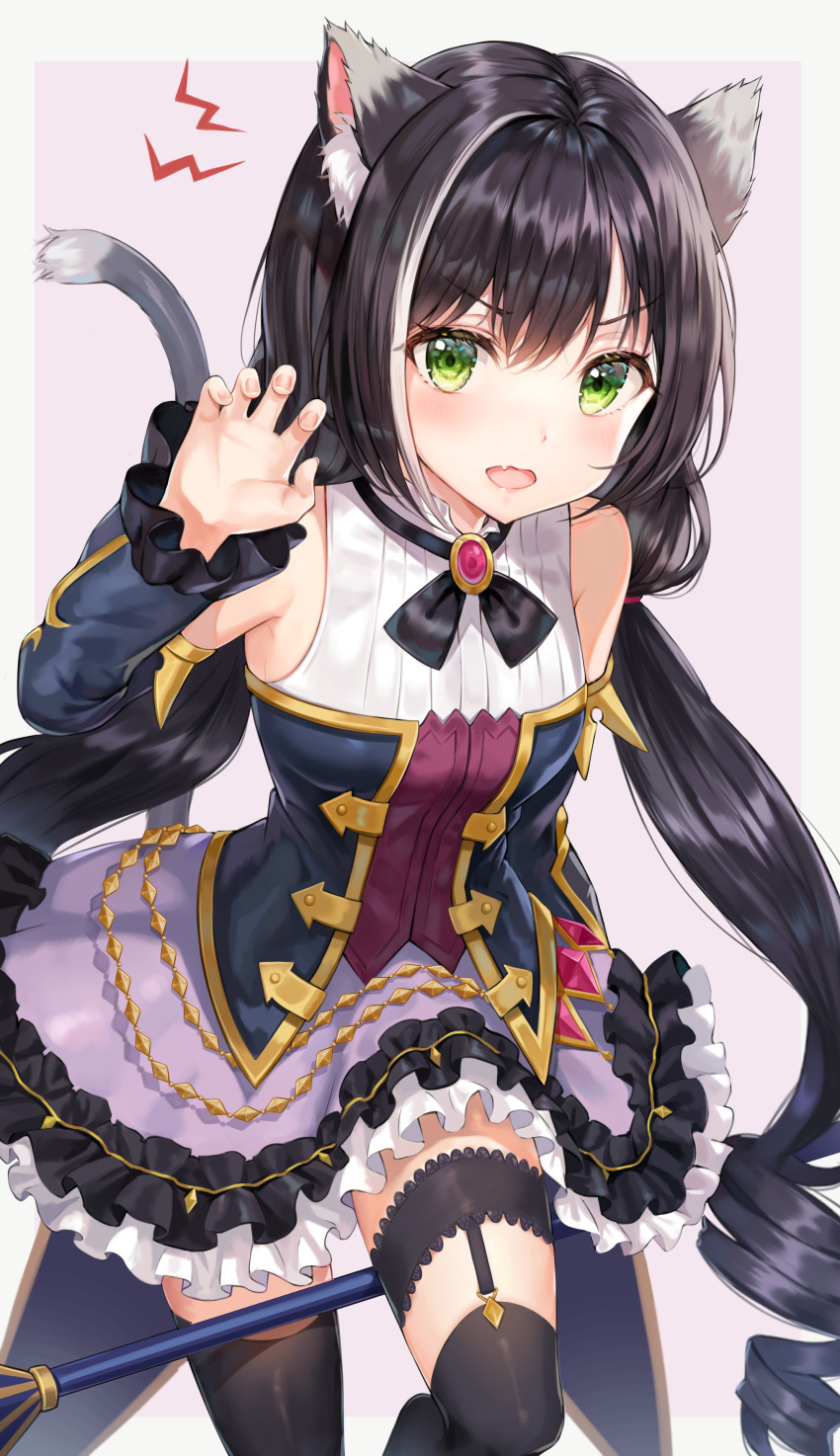 1girl :o absurdres animal_ear_fluff animal_ears bare_shoulders black_dress black_hair black_legwear breasts cat_ears cat_tail detached_sleeves dress fang frilled_dress frills garter_straps green_eyes hand_up highres kyaru_(princess_connect) long_hair long_sleeves looking_at_viewer low_twintails multicolored_hair open_mouth princess_connect! princess_connect!_re:dive small_breasts solo standing streaked_hair tail thigh-highs tokkyu_(user_mwwe3558) twintails v-shaped_eyebrows very_long_hair white_hair