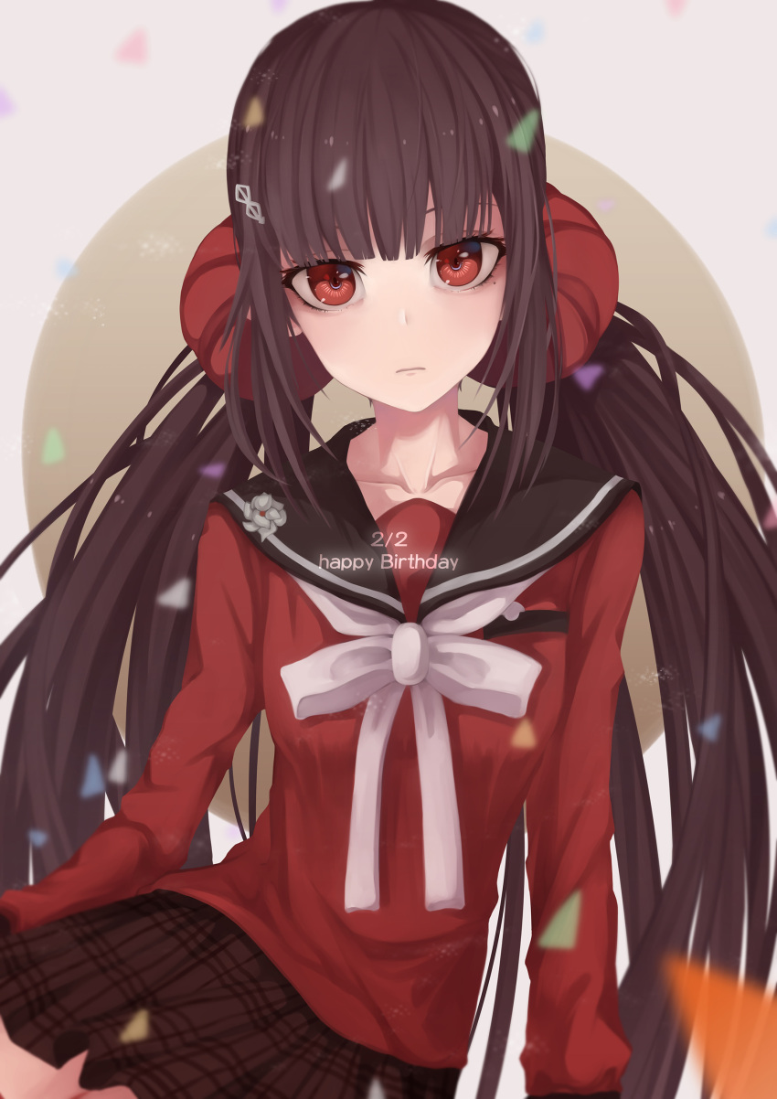 1girl :| absurdres bangs black_hair blunt_bangs bow breasts chen_yan closed_mouth collarbone commentary_request dangan_ronpa dated hair_ornament hairclip happy_birthday harukawa_maki highres long_hair long_sleeves looking_at_viewer low_twintails mole mole_under_eye new_dangan_ronpa_v3 pleated_skirt red_eyes red_scrunchie red_shirt school_uniform scrunchie serafuku shirt skirt small_breasts solo twintails very_long_hair white_bow