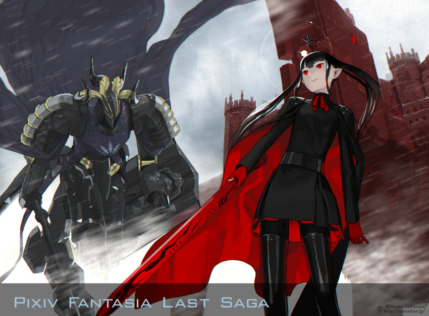 1girl armor artist_name black_cape black_gloves black_hair black_legwear black_shirt boots breasts cape copyright_name fortress furumi_shouichi gloves grey_sky halo holding holding_sword holding_weapon keivan long_hair long_sleeves mecha myufrae outdoors pale_skin pantyhose pixiv_fantasia pixiv_fantasia_last_saga pointy_ears red_cape red_eyes red_gloves shirt small_breasts snowing standing sword thigh-highs thigh_boots twintails watermark weapon web_address