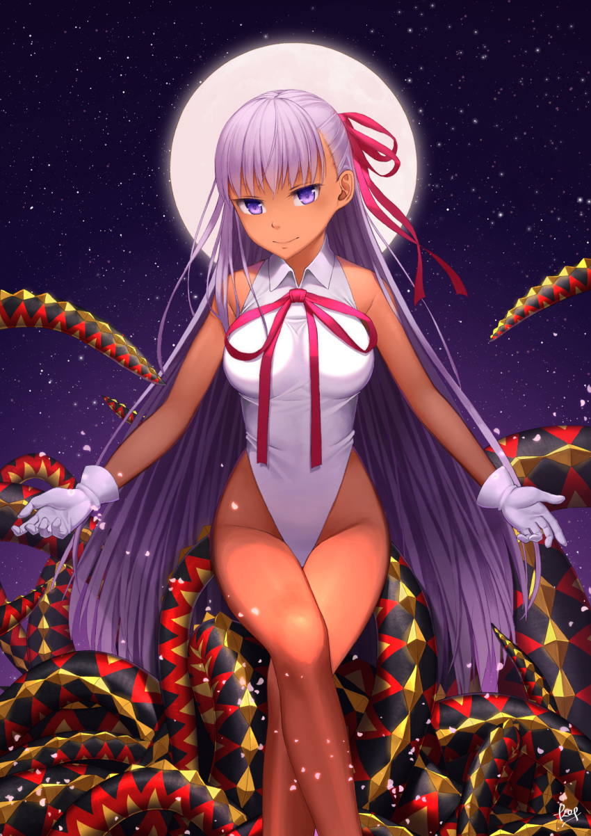 1girl ahoge1 bb_(fate)_(all) bb_(swimsuit_mooncancer)_(fate) commentary_request fate/grand_order fate_(series) feet_out_of_frame full_moon gloves hair_ribbon highleg highleg_leotard highres leotard looking_at_viewer moon night night_sky purple_hair red_ribbon ribbon sitting sky smile solo tan violet_eyes white_gloves white_leotard