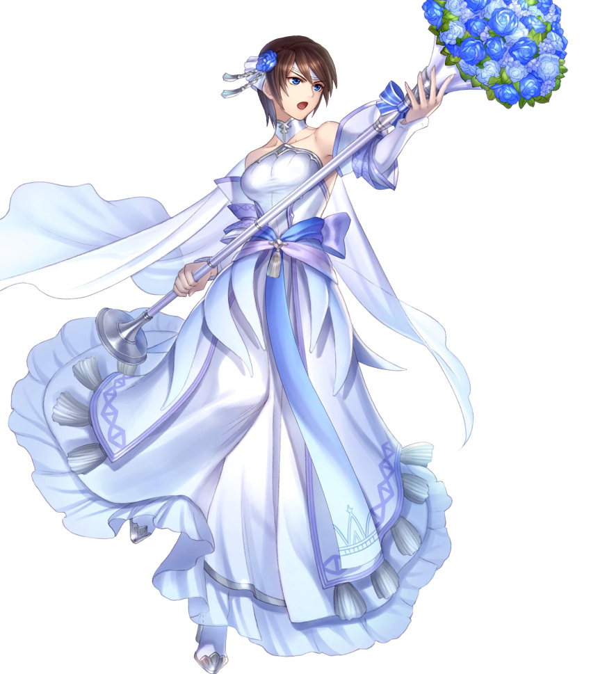 1girl artist_request bangs bare_shoulders blue_eyes breasts bride brown_hair collarbone dress eyebrows_visible_through_hair fingernails fire_emblem fire_emblem:_souen_no_kiseki fire_emblem_heroes flower full_body hair_ornament high_heels highres holding leg_up looking_away medium_breasts official_art open_mouth shiny shiny_hair short_hair solo tanith transparent_background wedding_dress white_dress