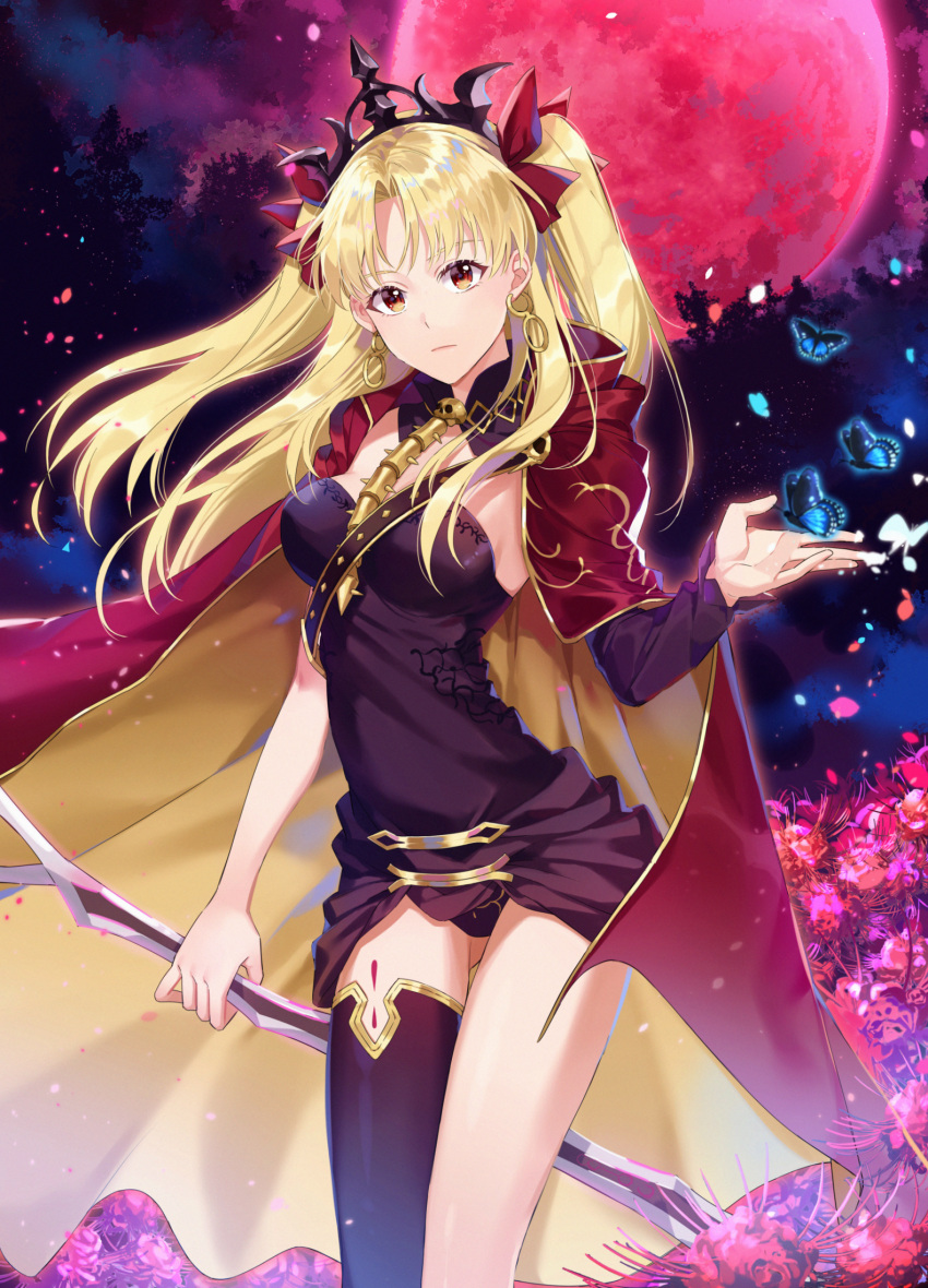 1girl al_(ahr) asymmetrical_legwear asymmetrical_sleeves black_legwear black_leotard blonde_hair bow breasts brown_eyes bug butterfly cape diadem ereshkigal_(fate/grand_order) fate/grand_order fate_(series) floating_hair hair_bow highres holding insect leotard long_hair long_sleeves looking_at_viewer medium_breasts moon petals red_bow red_cape red_moon shiny shiny_hair sideboob single_sleeve single_thighhigh solo standing thigh-highs very_long_hair