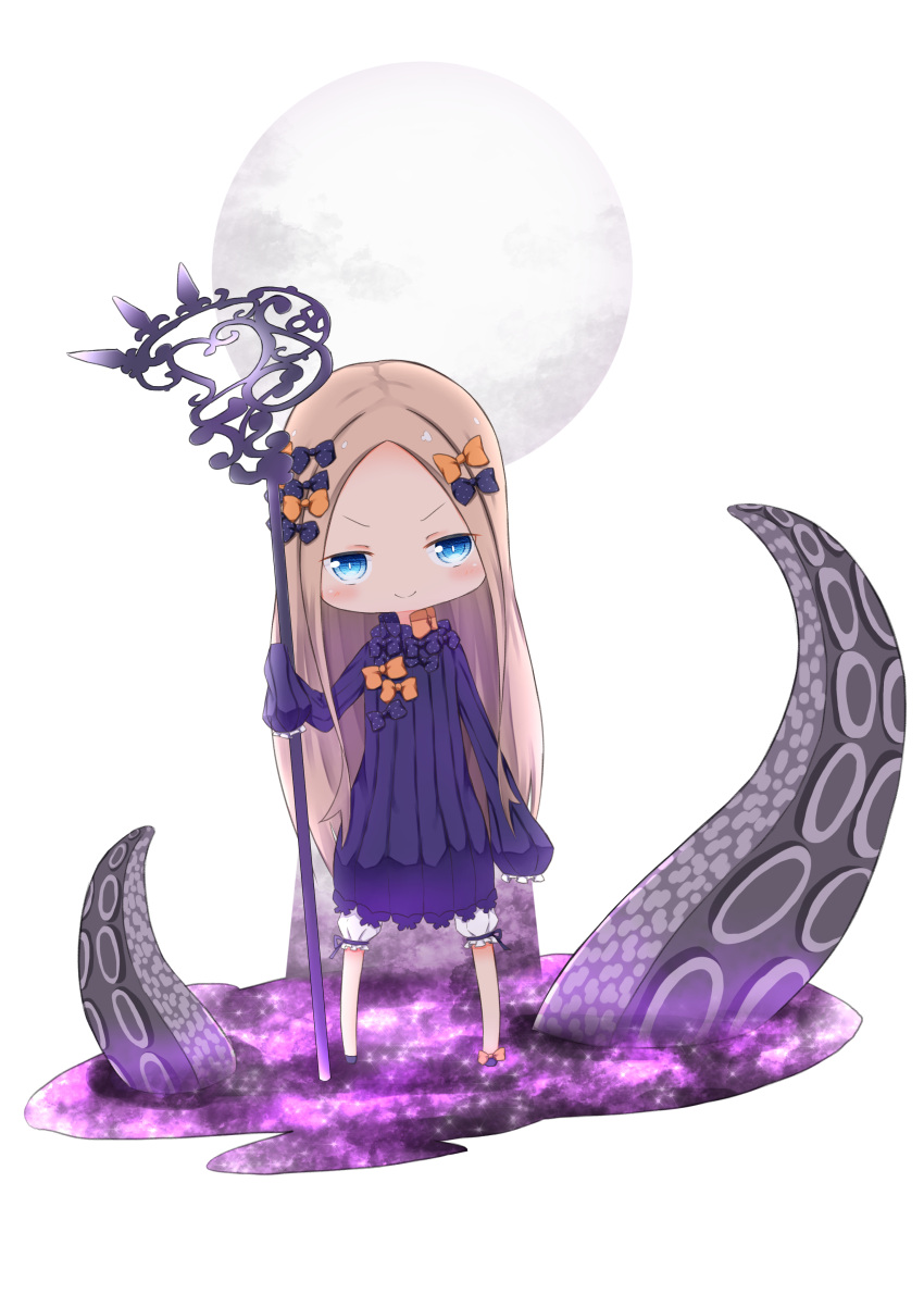 &gt;:) 1girl abigail_williams_(fate/grand_order) absurdres bangs black_bow black_dress black_footwear blonde_hair bloomers blue_eyes blush bow bug butterfly chibi closed_mouth commentary_request dress fate/grand_order fate_(series) forehead hair_bow highres holding holding_key insect key long_hair long_sleeves no_hat no_headwear orange_bow oversized_object parted_bangs polka_dot polka_dot_bow shoes sleeves_past_fingers sleeves_past_wrists smile solo standing su_guryu suction_cups tentacles underwear v-shaped_eyebrows very_long_hair white_background white_bloomers