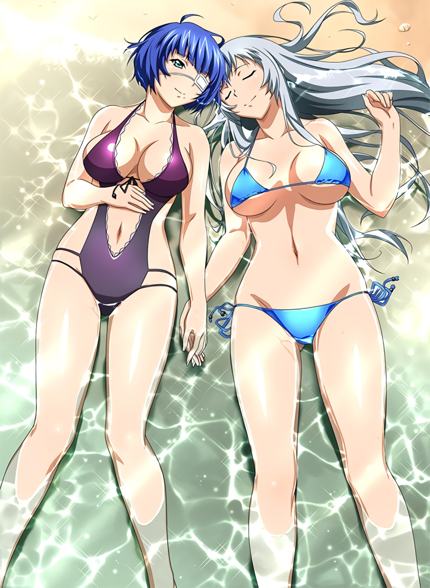 2girls bikini black_ribbon blue_bikini blue_eyes blue_hair breasts casual_one-piece_swimsuit chouun_shiryuu closed_eyes collarbone eyepatch floating_hair from_above highres holding_hands ikkitousen large_breasts long_hair looking_at_viewer lying mole mole_under_mouth multiple_girls navel on_back one-piece_swimsuit purple_swimsuit ribbon ryomou_shimei shiny shiny_hair short_hair side-tie_bikini silver_hair smile swimsuit under_boob very_long_hair
