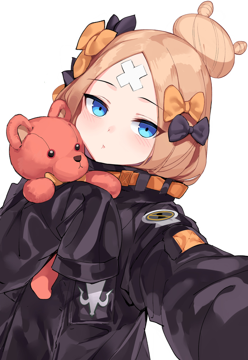 1girl :t abigail_williams_(fate/grand_order) bangs black_bow black_jacket blonde_hair blue_eyes blush bow closed_mouth commentary_request crossed_bandaids eyebrows_visible_through_hair fate/grand_order fate_(series) hair_bow hair_bun heroic_spirit_traveling_outfit highres jacket long_hair long_sleeves looking_at_viewer multiple_hair_bows ndgd object_hug orange_bow outstretched_arm parted_bangs reaching_out self_shot simple_background sleeves_past_fingers sleeves_past_wrists solo stuffed_animal stuffed_toy teddy_bear upper_body white_background