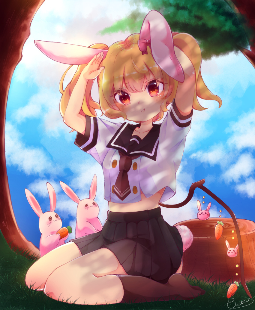 1girl :3 :t alternate_costume alternate_hairstyle animal_ears arms_up black_sailor_collar black_skirt blonde_hair blue_sky bow brown_legwear bunny_tail carrot clouds commentary_request dappled_sunlight day eyebrows_visible_through_hair eyes_visible_through_hair flandre_scarlet full_body grass hair_between_eyes hair_bow hands_on_own_head head_tilt highres kemonomimi_mode kneehighs looking_at_viewer midriff necktie no_shoes on_grass on_ground outdoors pleated_skirt pout rabbit rabbit_ears red_eyes red_neckwear sailor_collar school_uniform serafuku short_sleeves signature sitting skirt sky sleeve_cuffs solo sunlight tail touhou tree tree_stump twintails under_tree wariza wings yuineko