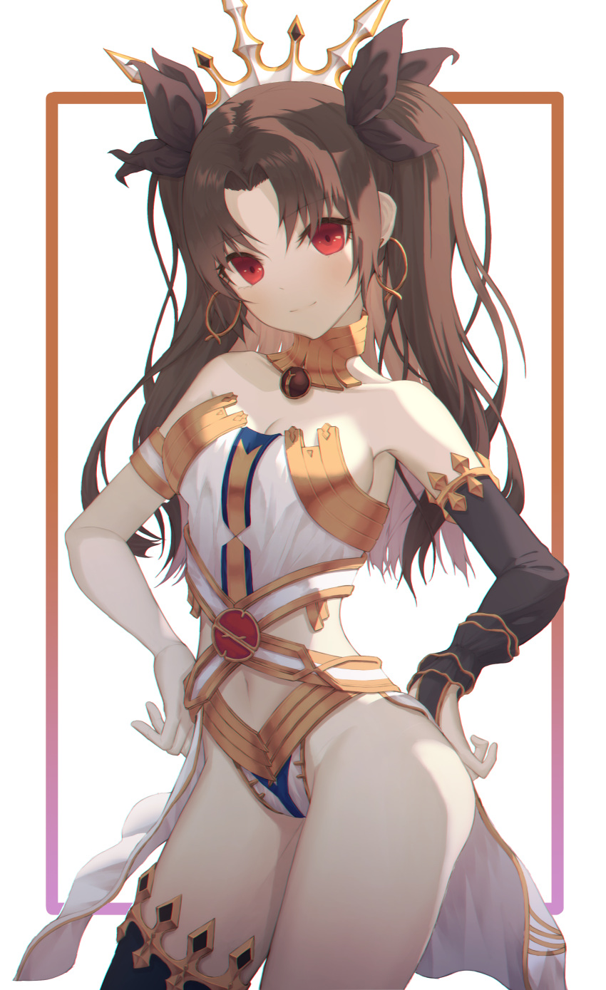 1girl absurdres armlet asymmetrical_legwear backlighting bangs bare_shoulders black_gloves black_legwear border breasts brown_hair brown_ribbon chromatic_aberration closed_mouth commentary commentary_request connor cowboy_shot detached_collar earrings elbow_gloves eyebrows_visible_through_hair fate/grand_order fate_(series) gloves groin hair_ribbon hands_on_hips head_tilt highres hoop_earrings ishtar_(fate/grand_order) jewelry long_hair looking_at_viewer medium_breasts navel outside_border parted_bangs pose red_eyes ribbon sideboob single_elbow_glove single_thighhigh smile solo standing thigh-highs thighs tiara tsurime two_side_up