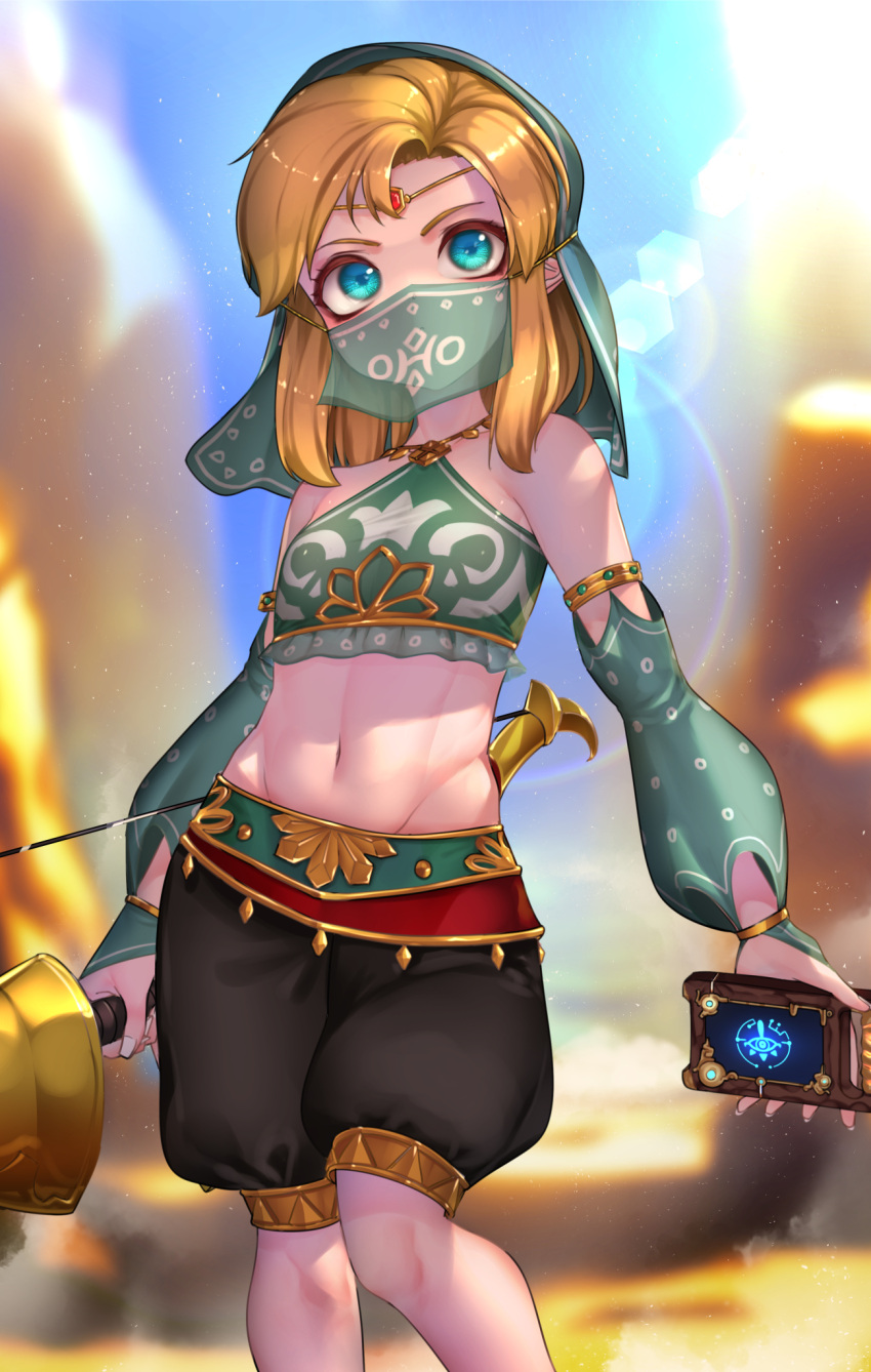 1boy :o alternate_costume arabian_clothes armlet bandeau bare_shoulders black_pants blonde_hair blue_eyes blue_sky blurry blurry_background bridal_gauntlets circlet commentary_request crossdressinging day detached_sleeves gerudo_link groin halter_top halterneck harem_pants highres holding holding_weapon jewelry kashu_(hizake) lens_flare link looking_at_viewer male_focus medium_hair midriff navel otoko_no_ko outdoors pants pointy_ears see-through sheikah_slate shiny shiny_hair sidelocks sky solo standing stomach sunlight the_legend_of_zelda the_legend_of_zelda:_breath_of_the_wild veil weapon