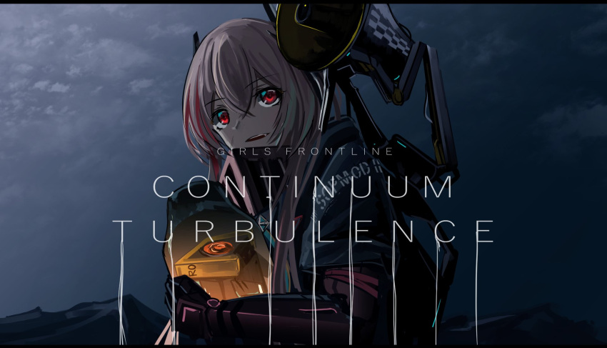 1girl bangs clothes_writing clouds copyright_name death_stranding english_text eyebrows_visible_through_hair fang girls_frontline haguruma_(hagurumali) headgear highres holding jacket long_hair long_sleeves m4_sopmod_ii_(girls_frontline) mechanical_arm megaphone multicolored_hair open_mouth outdoors parody pink_hair prosthesis prosthetic_arm red_eyes ro635_(dinergate) sky solo streaked_hair
