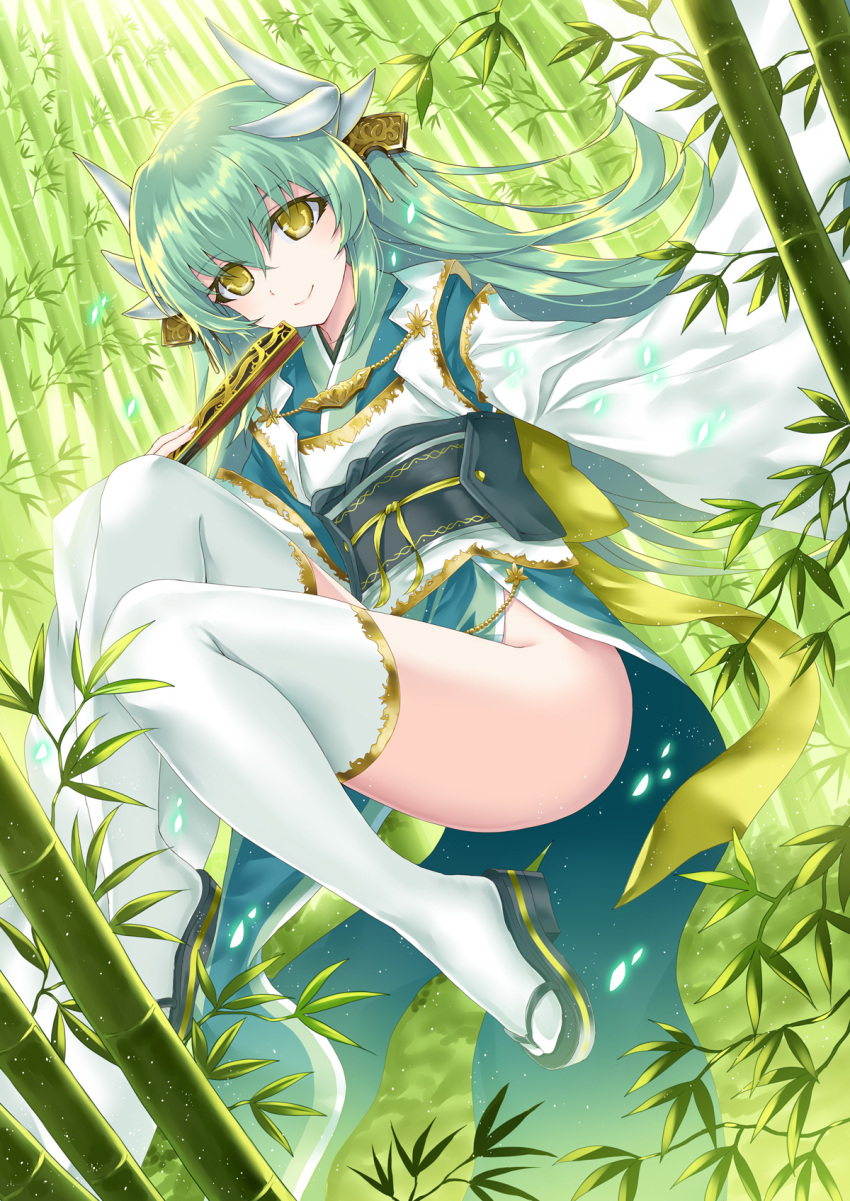 1girl blush commentary_request dragon_girl dragon_horns eyebrows_visible_through_hair fan fate/grand_order fate_(series) flower green_hair highres holding holding_fan horns japanese_clothes kimono kiyohime_(fate/grand_order) long_hair looking_at_viewer morizono_shiki obi sash smile solo thigh-highs white_legwear yellow_eyes