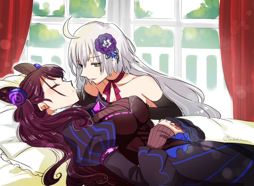 2girls absurdres bangs bed black_dress breasts bush commentary_request day double_bun dress elbow_gloves fate/grand_order fate_(series) flower frills gloves hair_between_eyes hair_flower hair_ornament highres jeanne_d'arc_(alter)_(fate) jeanne_d'arc_(fate)_(all) juliet_sleeves large_breasts long_hair long_sleeves multiple_girls murasaki_shikibu_(fate) neck_ribbon on_bed pillow puffy_sleeves red_curtains ribbon sekihara_umina silver_hair sleeves_past_wrists tsurime two_side_up very_long_hair window yellow_eyes yuri