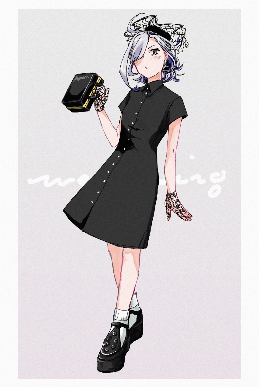 1girl :o absurdres ahoge alternate_costume alternate_hairstyle asashimo_(kantai_collection) bag bangs black_dress blush buttons commentary_request dress earrings full_body gloves green_eyes grey_background grey_hair hair_over_one_eye highres holding jewelry kantai_collection multicolored_hair open_mouth platform_footwear short_sleeves socks solo standing white_legwear zippo_teifujou