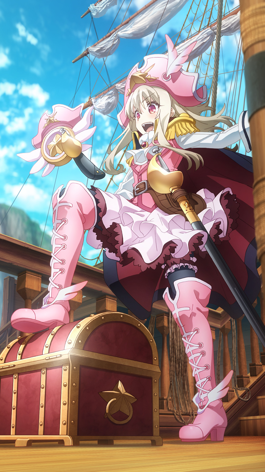 1girl :d absurdres black_legwear blurry blurry_background boots eyebrows_visible_through_hair fate/kaleid_liner_prisma_illya fate_(series) floating_hair frilled_legwear from_below full_body hair_between_eyes hat hat_feather highres illyasviel_von_einzbern layered_skirt long_hair magical_ruby miniskirt official_art open_mouth outstretched_arms pink_feathers pink_footwear pink_headwear pirate_hat pleated_skirt rapier red_eyes rope sail sailing ship silver_hair skirt smile solo standing sword thigh-highs thigh_boots treasure_chest watercraft weapon white_skirt