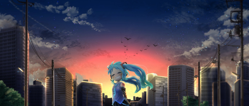 1girl aqua_hair bird building cable chamaji closed_eyes clouds commentary detached_sleeves flock gradient_hair hair_ornament hajimete_no_oto_(vocaloid) hatsune_miku headphones headset highres lamppost long_hair multicolored_hair necktie outdoors skirt sky skyline sleeveless smile solo star_(sky) starry_sky sunset tattoo telephone_pole tree twilight twintails vocaloid