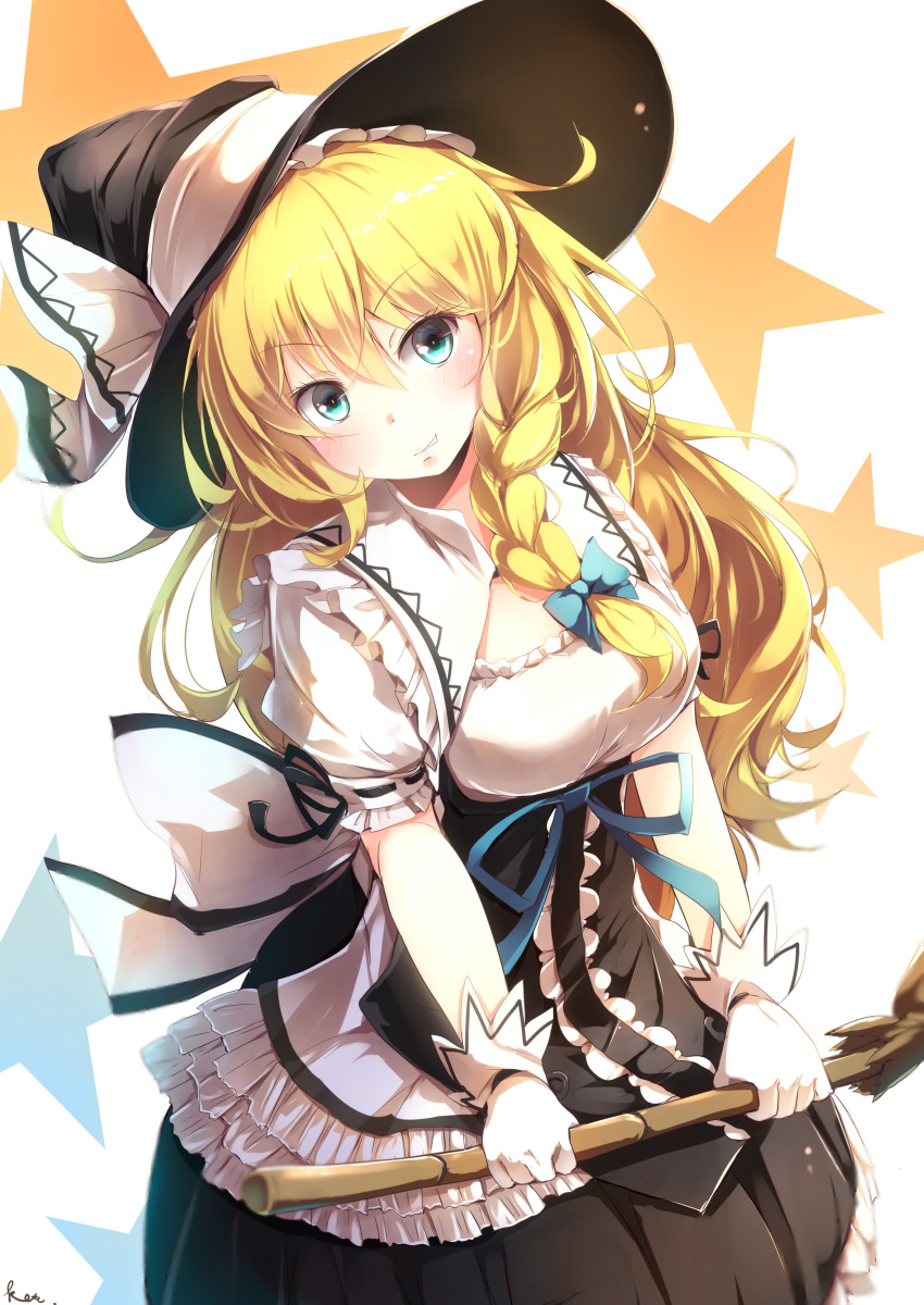1girl absurdres artist_name black_headwear blonde_hair blue_bow blue_eyes blush bow braid breasts broom eyebrows_visible_through_hair gloves grin hair_bow hat hat_bow hat_ribbon highres holding holding_broom kanzakietc kirisame_marisa large_breasts long_hair looking_at_viewer parted_lips ribbon signature smile solo touhou white_bow white_gloves white_ribbon witch_hat