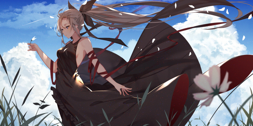 1girl absurdly_long_hair arm_ribbon black_dress black_ribbon blue_sky breasts clouds dress dya floating_hair flower from_side hair_ribbon highres holding holding_flower kisui_(user_wswf3235) light_brown_hair long_hair looking_at_hand low_ponytail medium_breasts original outdoors red_ribbon ribbon sky sleeveless sleeveless_dress very_long_hair wind