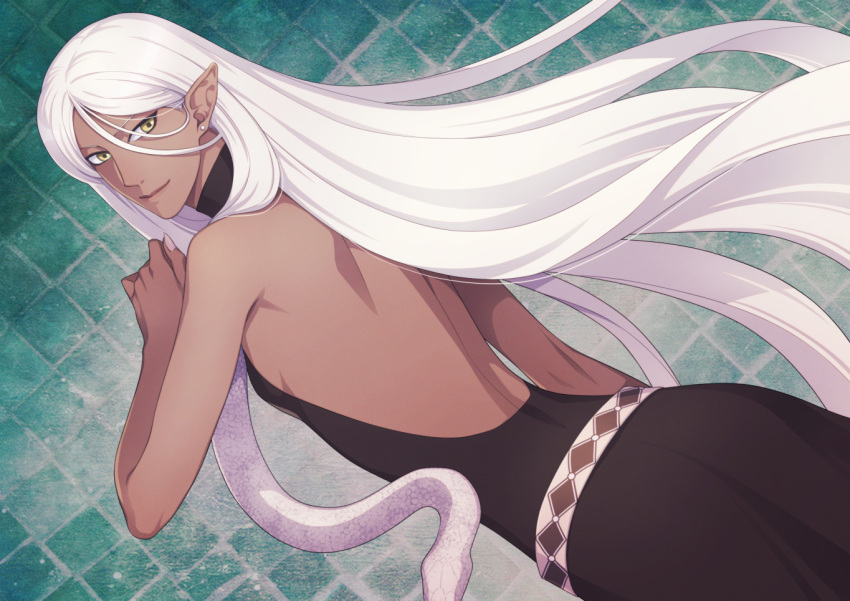 androgynous backless_outfit black_dress commentary_request dark_skin dress dutch_angle earrings jewelry long_hair pixiv_fantasia pixiv_fantasia_last_saga pointy_ears shima108 smile snake solo standing very_long_hair wenham_alvarapis white_hair