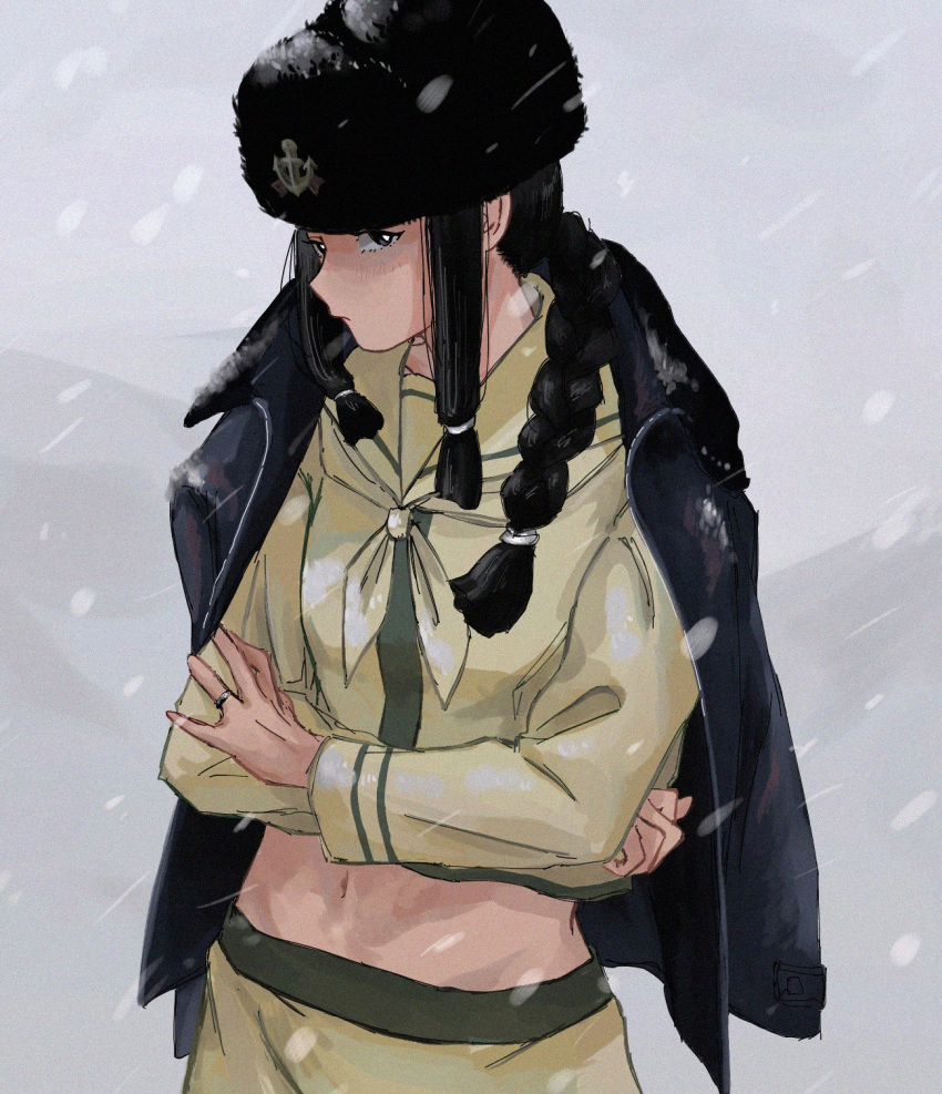 1girl anchor black_hair braid closed_mouth commentary_request crossed_arms fur_hat hair_over_shoulder hat highres jacket jacket_on_shoulders jewelry kantai_collection kitakami_(kantai_collection) long_hair long_sleeves navel neckerchief papakha remodel_(kantai_collection) ring sailor_collar school_uniform serafuku sidelocks single_braid skirt snow solo wedding_band zippo_teifujou