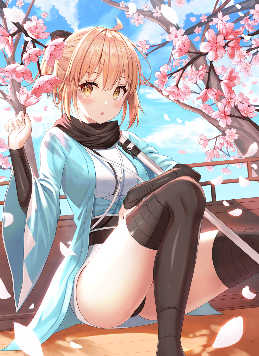 1girl :o absurdres ahoge arm_guards ass black_bow black_legwear black_panties black_scarf blonde_hair blue_sky blush bow breasts brown_eyes cherry_blossoms clouds cloudy_sky day fate/grand_order fate_(series) feet_out_of_frame flower hair_bow half_updo hand_up haori highres holding holding_flower huge_filesize japanese_clothes kimono knees_up looking_at_viewer medium_breasts niji_(rudduf232) obi okita_souji_(fate) okita_souji_(fate)_(all) outdoors panties parted_lips petals sash scarf shinsengumi short_hair short_kimono sitting sky solo thigh-highs thighs tree underwear white_kimono
