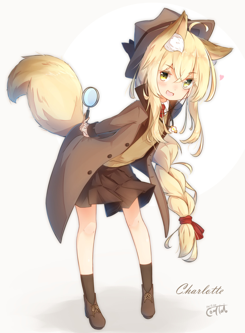 1girl :d absurdres animal_ear_fluff animal_ears blonde_hair braid brown_coat brown_footwear brown_headwear brown_skirt character_name coat commentary_request coreytaiyo detective full_body hair_ribbon hat hat_ribbon heart highres jewelry leaning_forward long_hair magnifying_glass monocle open_mouth original pendant pleated_skirt ribbon shirt signature single_braid skirt smile sweater tail very_long_hair yellow_eyes