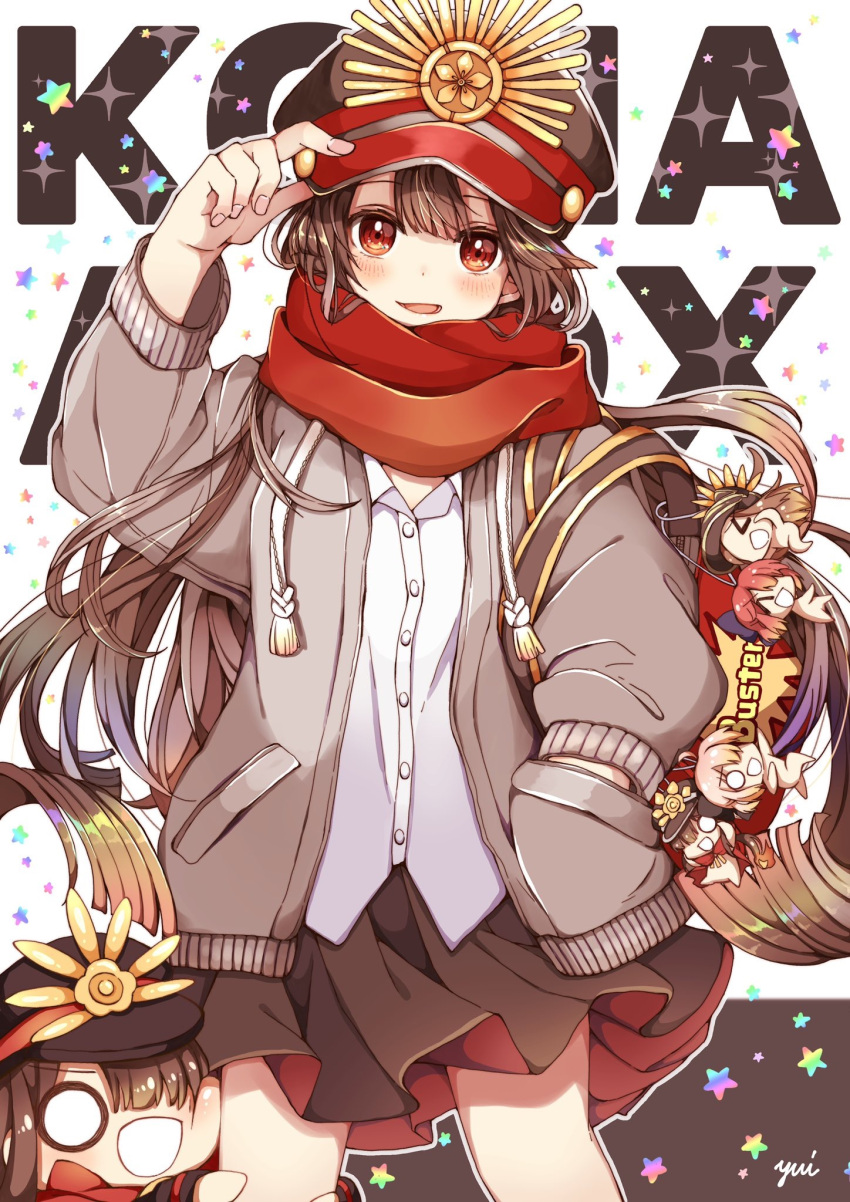 1girl adjusting_headwear bag black_skirt blush brown_hair chibi commentary_request cowboy_shot eyebrows_visible_through_hair family_crest fate/grand_order fate_(series) grey_jacket hand_in_pocket hand_up hat hi_(wshw5728) highres jacket keychain koha-ace leg_cling long_hair long_sleeves oda_nobunaga_(fate) oda_nobunaga_(swimsuit_berserker)_(fate) oda_uri open_clothes open_jacket open_mouth outline peaked_cap pleated_skirt red_eyes red_scarf scarf school_bag shirt skirt smile star starry_background white_shirt