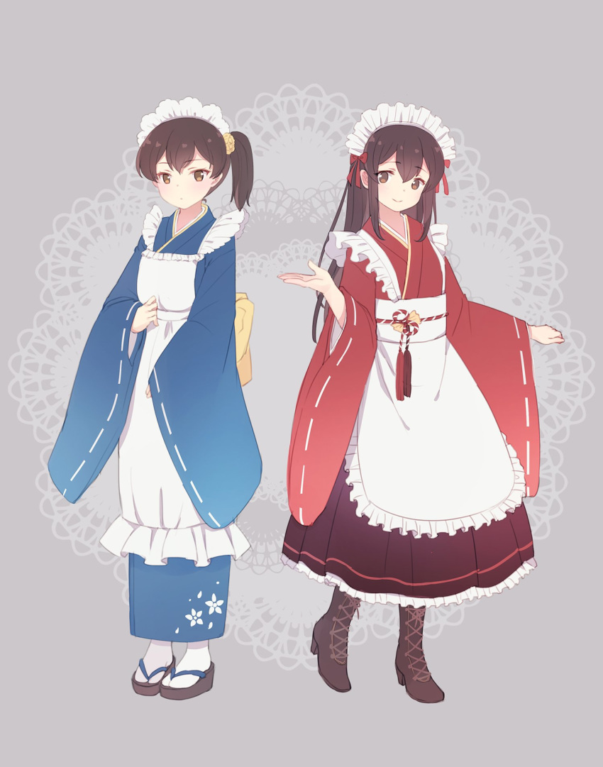 2girls akagi_(kantai_collection) apron bangs blush boots brown_eyes brown_hair closed_mouth commentary_request cross-laced_footwear emia_wang eyebrows_visible_through_hair floral_print frills grey_background hair_between_eyes hair_ribbon highres japanese_clothes kaga_(kantai_collection) kantai_collection lace-up_boots long_hair long_sleeves maid_headdress multiple_girls ponytail ribbon sandals side_ponytail smile wa_maid white_legwear wide_sleeves