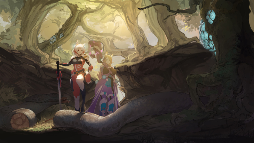 2girls animal_ears black_footwear blonde_hair blue_legwear breasts fantasy forest gloves grass holding holding_staff long_hair multiple_girls nature original outdoors pants planted_sword planted_weapon purple_pants scenery snake sonech staff standing sword tree very_long_hair weapon white_hair