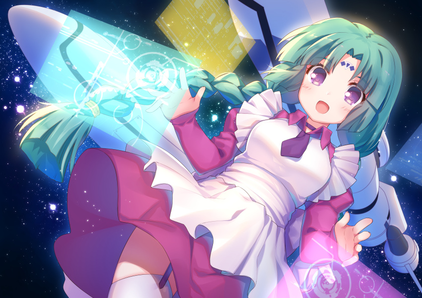 1girl :d absurdres apron bangs blush braid breasts canal_vorfeed check_commentary chinese_commentary choker commentary commentary_request dress eyebrows_visible_through_hair facial_mark forehead_mark garter_straps green_hair highres holographic_interface jiang-ge juliet_sleeves long_hair long_sleeves lost_universe low_twintails medium_breasts necktie open_mouth parted_bangs puffy_sleeves purple_choker purple_neckwear red_dress short_necktie smile solo space star_(sky) thigh-highs twin_braids twintails very_long_hair violet_eyes white_apron white_legwear