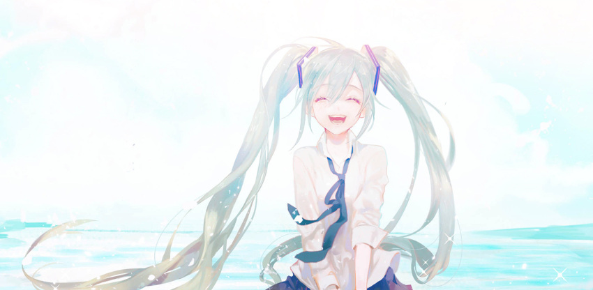 1girl aqua_hair asymmetrical_sleeves bangs blue_neckwear blue_skirt closed_eyes collared_shirt commentary_request grin happy hatsune_miku long_hair long_sleeves open_mouth pleated_skirt say_hana shirt skirt sleeves_folded_up smile solo sparkle v_arms very_long_hair vocaloid wing_collar